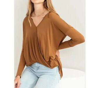Double Zero Twist Top Long Sleeve - Light Brown Size Large